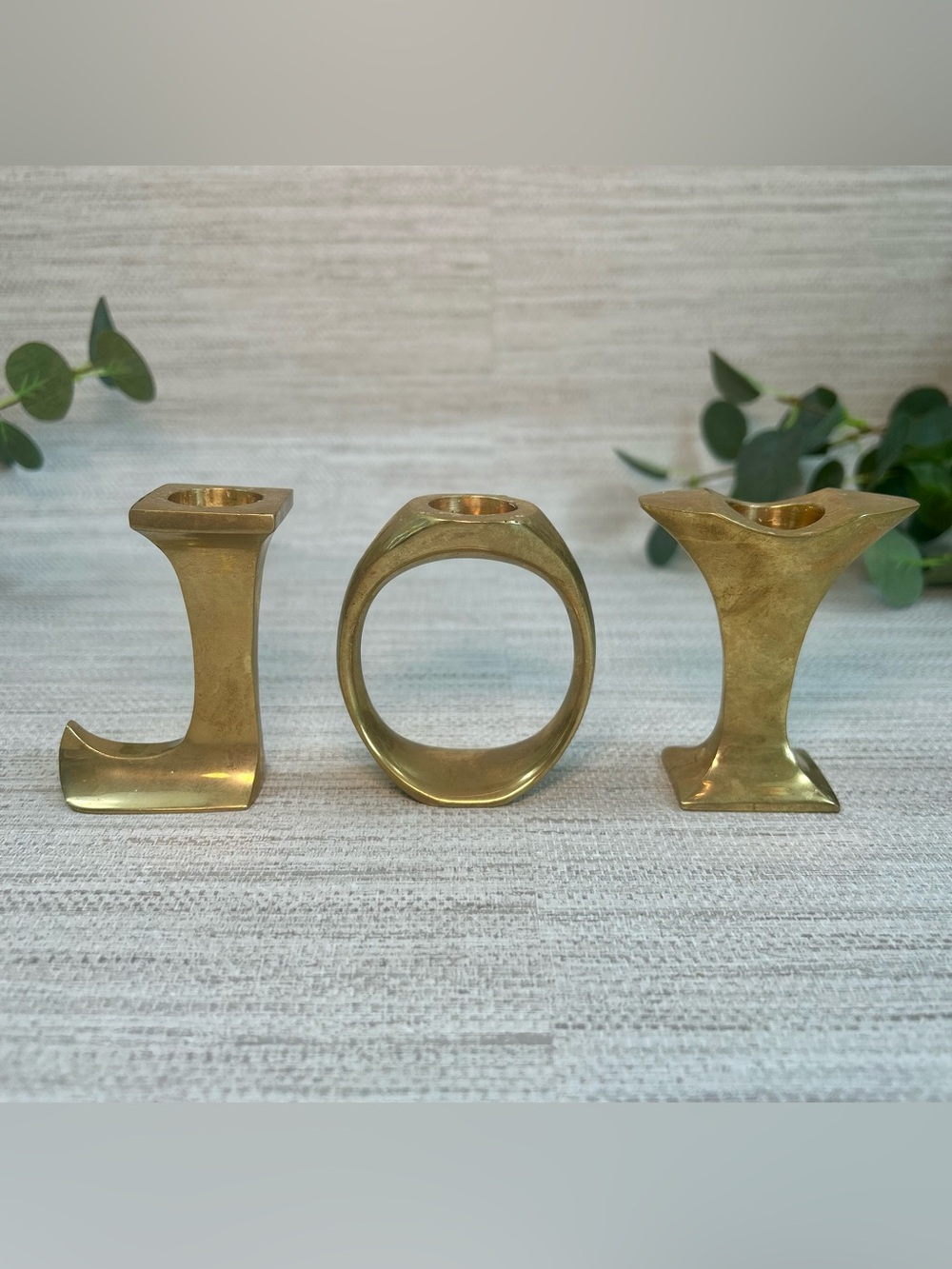 Vintage Brass JOY Candle Holders Set of 3 Christmases Remembered Boxed